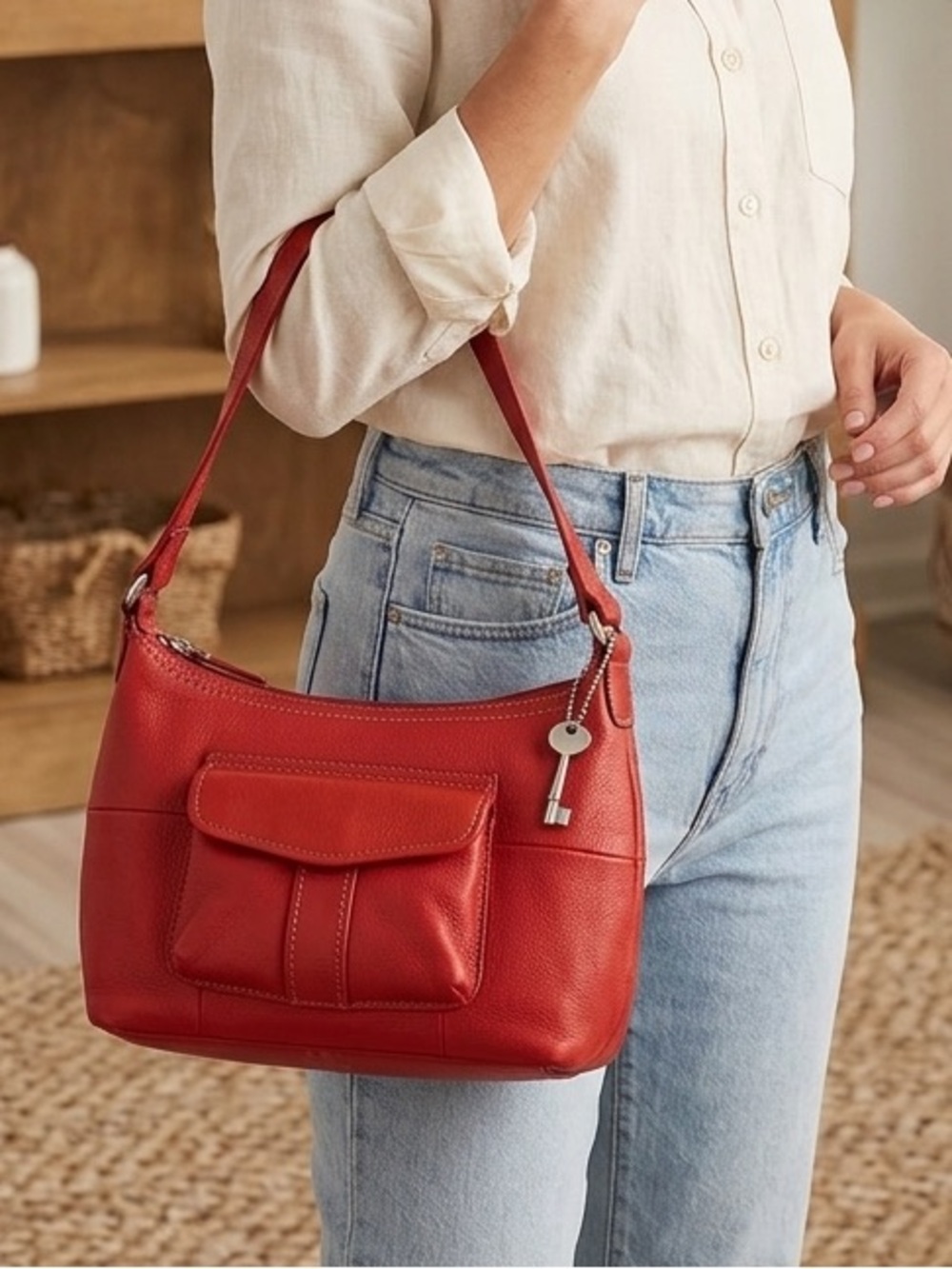 Fossil Y2K Red Leather Hobo Women’s Classic‎ Shoulder Bag